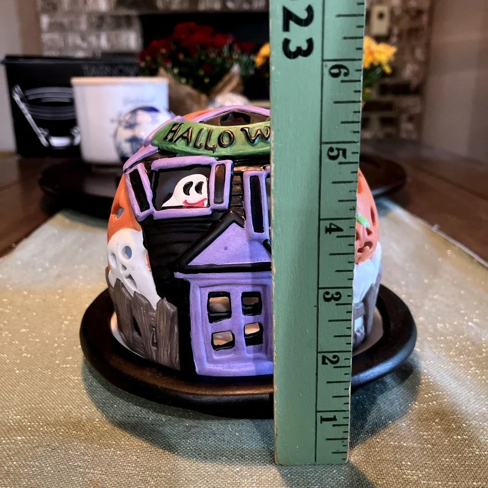 Halloween Tea Light Candle Dome Ghosts Pumpkins Bats Vintage 1999 Ceramic Spooky